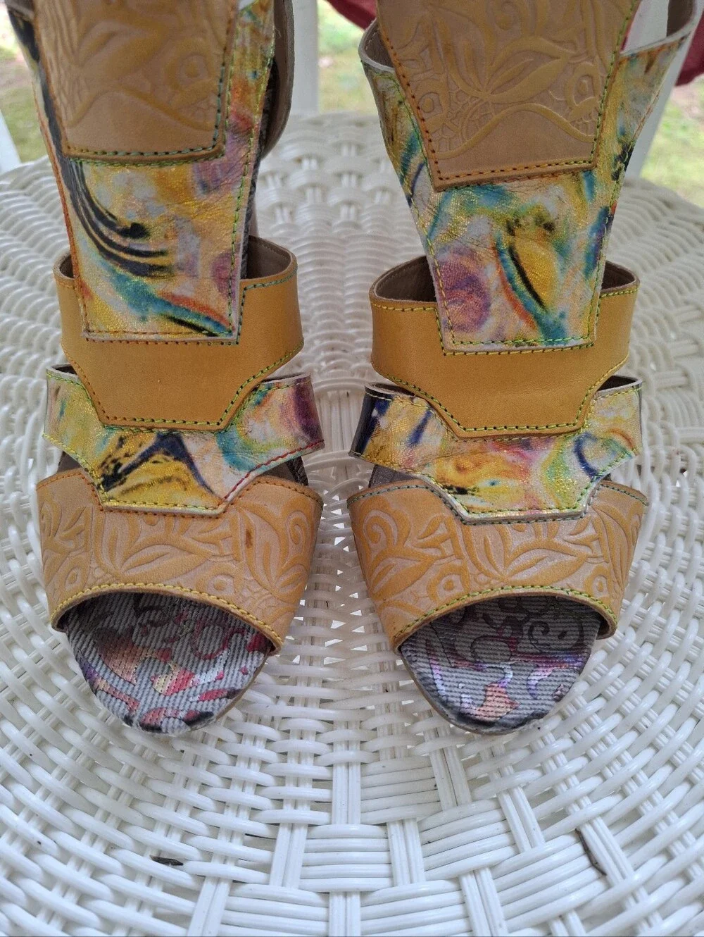 L'Artiste Hand Painted Hand Tooled Leather Heeled Sandals 